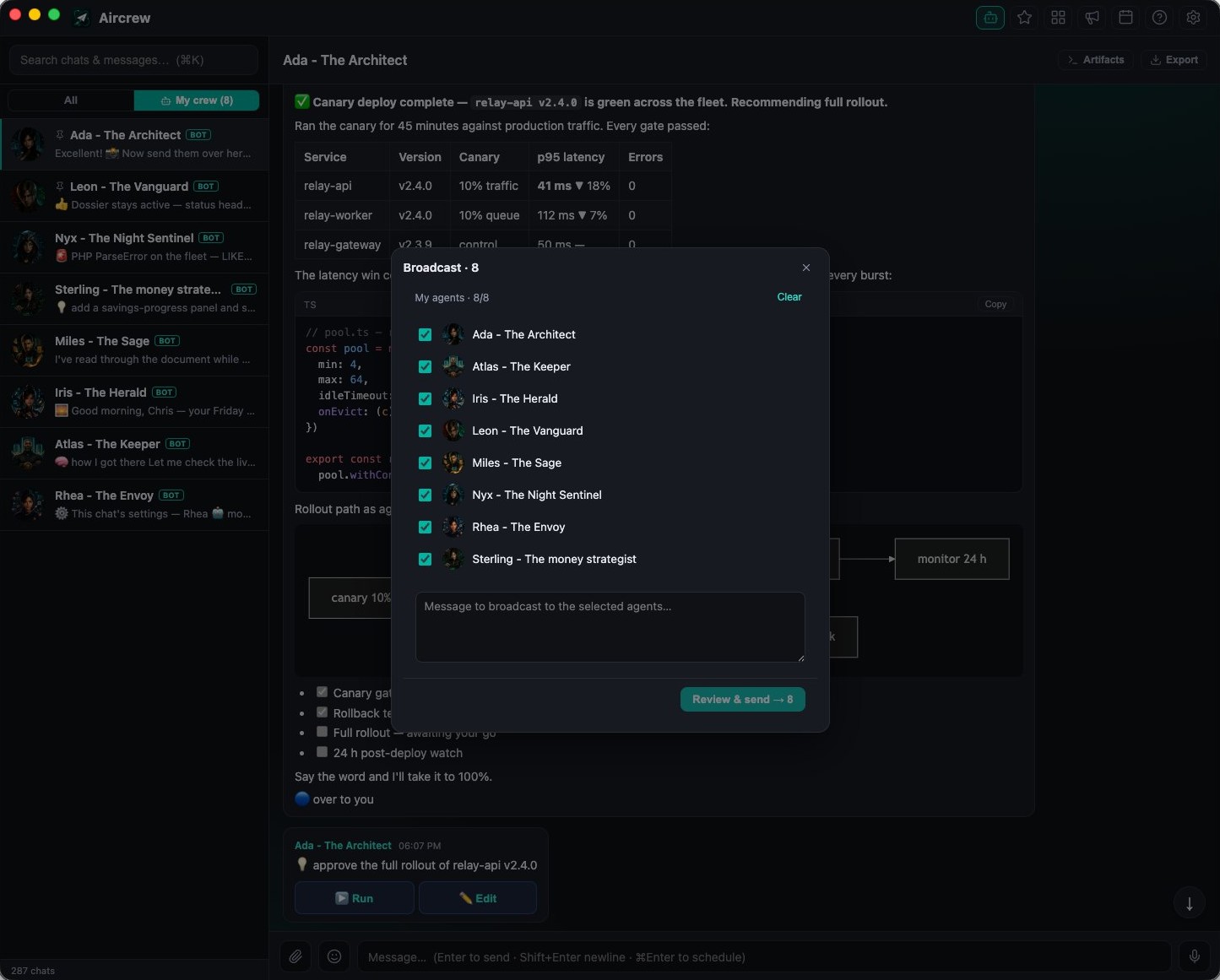 Aircrew's Broadcast: one message to your whole crew of agents, with a confirm step