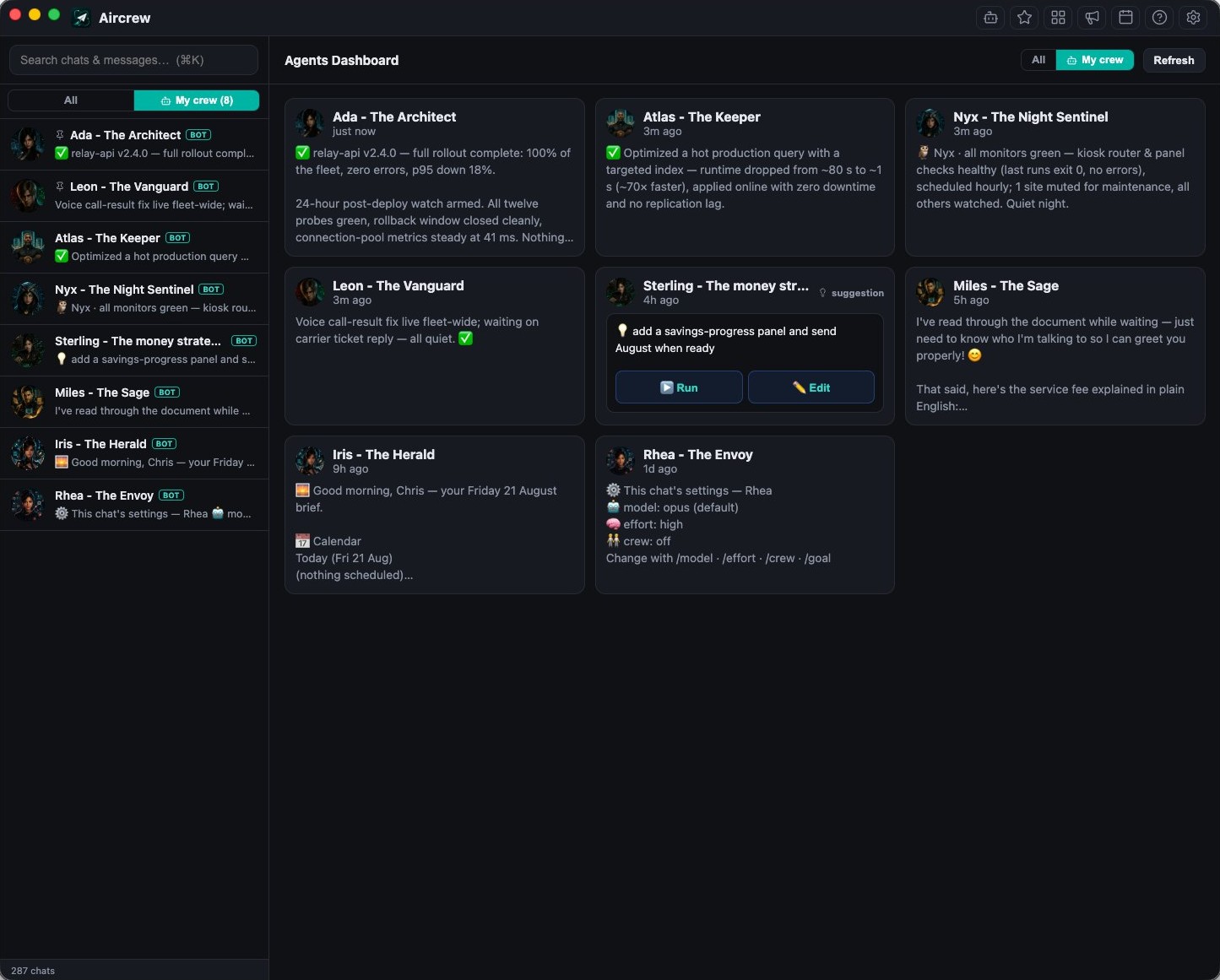 Aircrew — the Agents Dashboard: one card per agent with live status, last activity and pending decisions