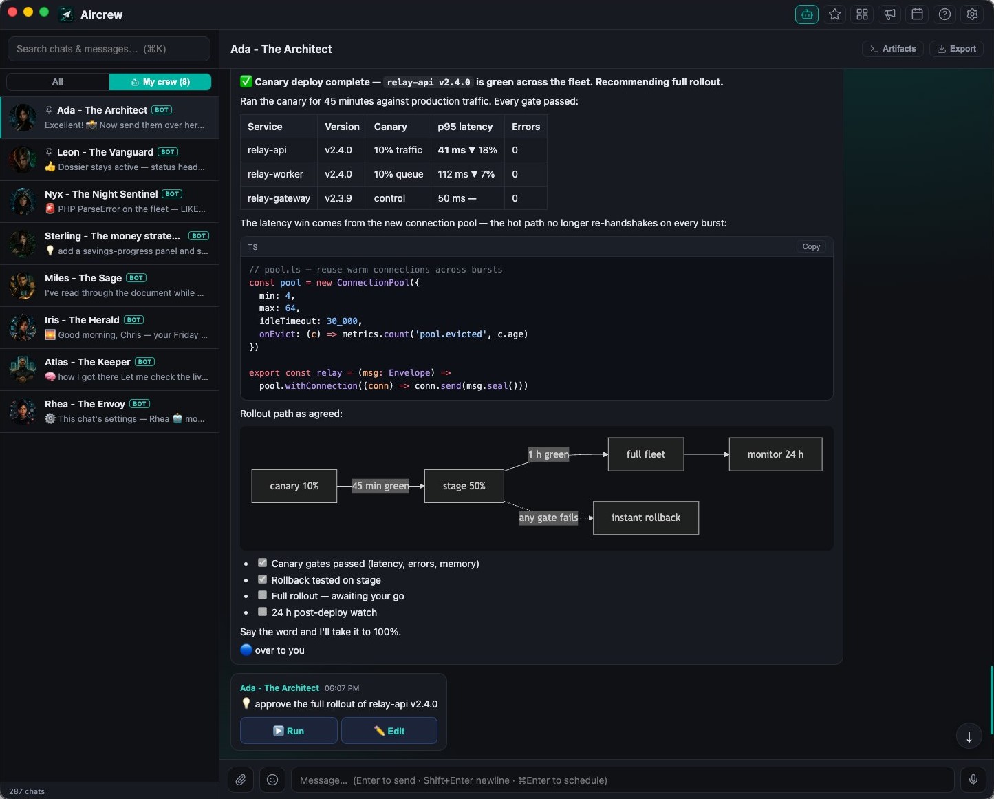 An agent's deploy report rendered in Aircrew: markdown table, syntax-highlighted code, a live mermaid diagram and one-click action buttons